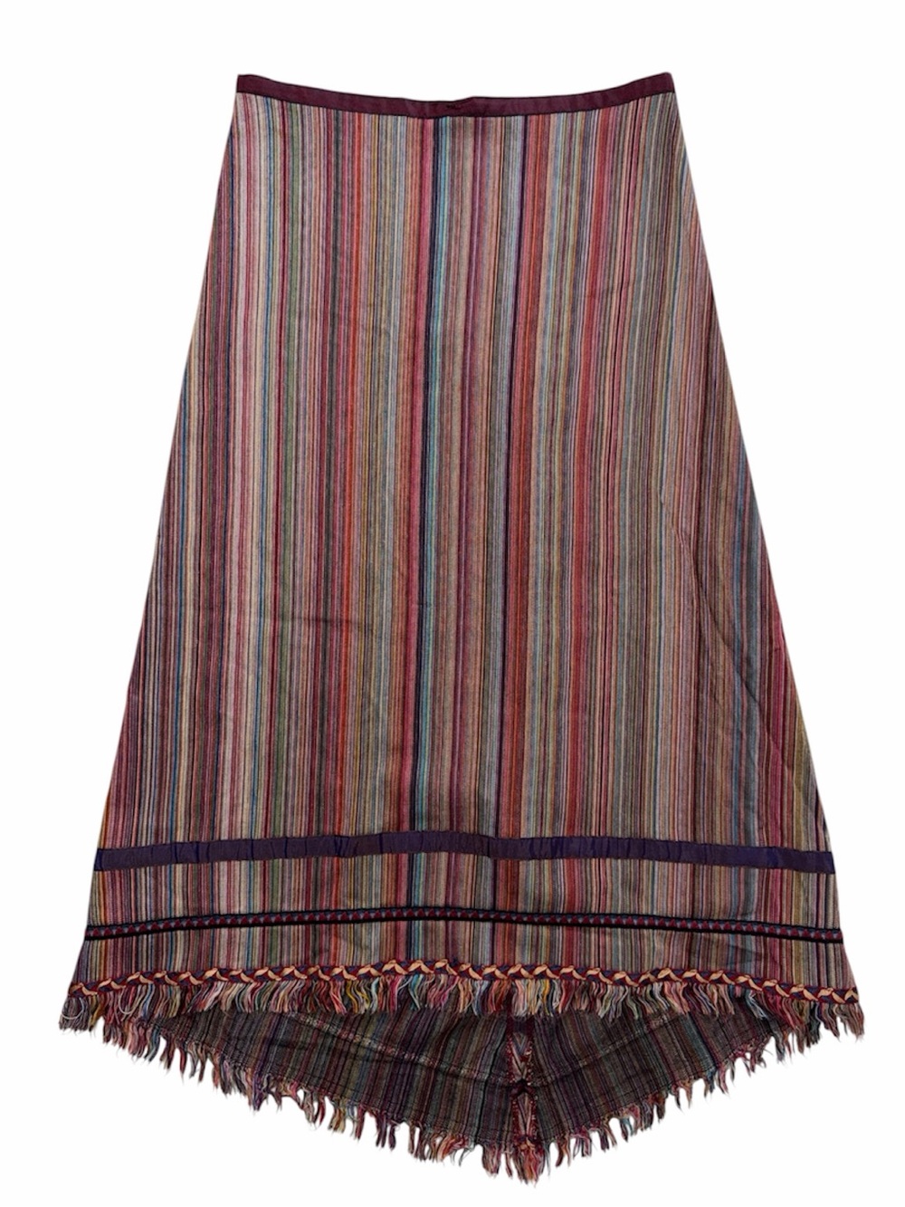 Vintage Cop Copine Y2K Romantic Multicolor Striped Fringe Hem Chevron Midi Skirt